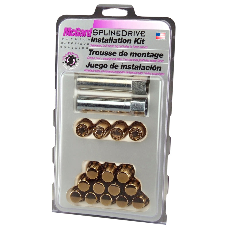 McGard SplineDrive Tuner 4 Lug Install Kit w/Locks & Tool (Cone) M12x1.25 / 13/16 Hex - Gold (CS) 65454GDC 65454GDC Photo - in package