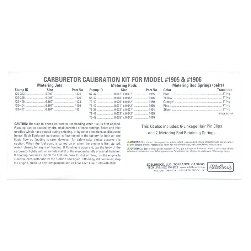 Edelbrock AVS2 Series Carburetor Calibration Kit 1948 Photo - Unmounted