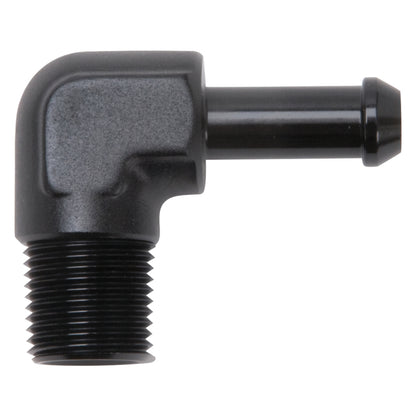Edelbrock Hose End, 90-Degrees, 3/8" NPT to 3/8" Barb, Black Anodize 8167 Photo - Primary