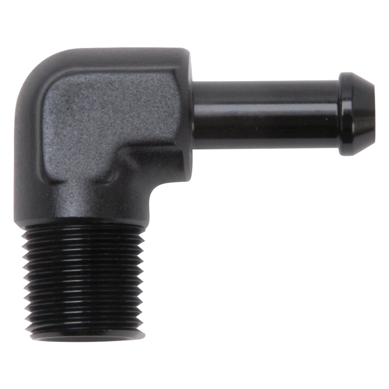 Edelbrock Hose End, 90-Degrees, 3/8" NPT to 3/8" Barb, Black Anodize 8167 Photo - Primary