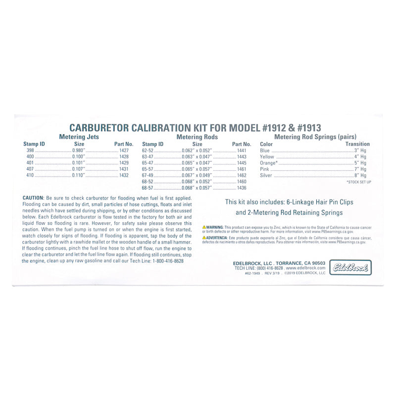 Edelbrock AVS2 Series Carburetor Calibration Kit 1949 Photo - out of package