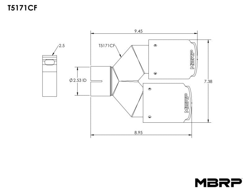 MBRP Universal Carbon Fiber Dual Tip 3.5in OD/2.5in Inlet T5171CF T5171CF Line Art