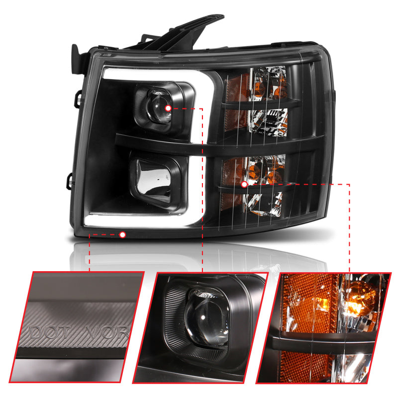 ANZO 07-13 Chevrolet Silverado 1500 Plank Style Projector Headlights Black w/ Amber 111410 111410 Photo - Unmounted