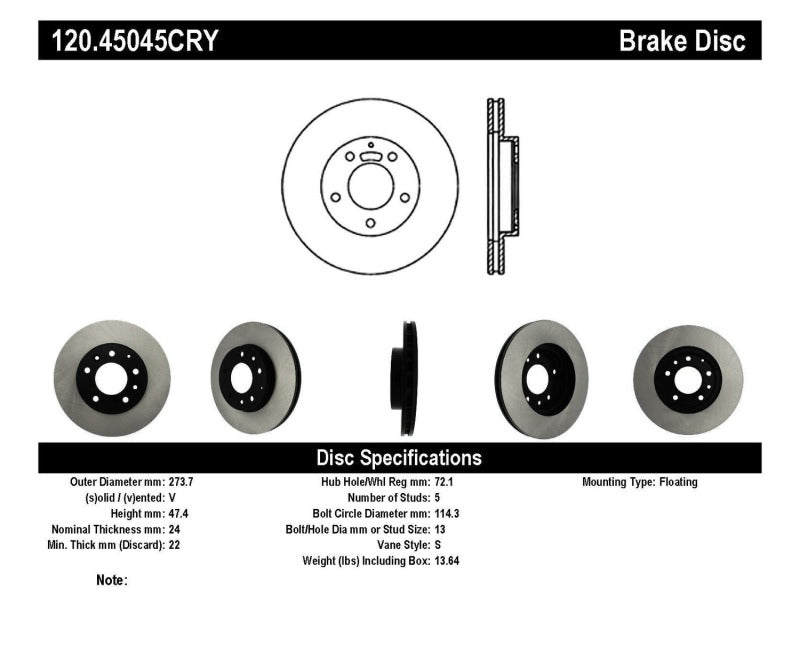 Stoptech Centric Mazda Premium Brake CryoStop Rotor 120.45045CRY 120.45045CRY Catalog