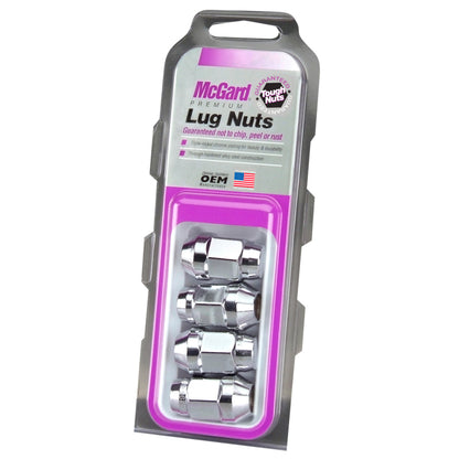 McGard Hex Lug Nut (Cone Seat Bulge Style) M12X1.5 / 3/4 Hex / 1.45in. Length (4-Pack) - Chrome 64012 64012 Photo - in package