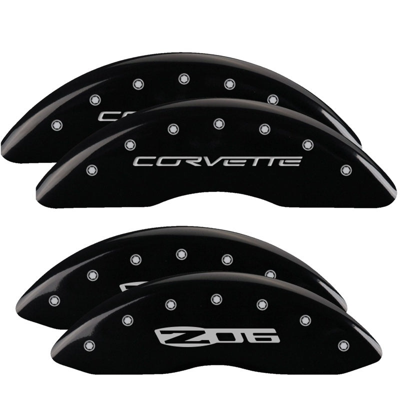 MGP 4 Caliper Covers Engraved Front C6/Corvette Engraved Rear C6/Z06 Black finish silver ch 13083SCZ6BK 13083SCZ6BK Photo - Primary