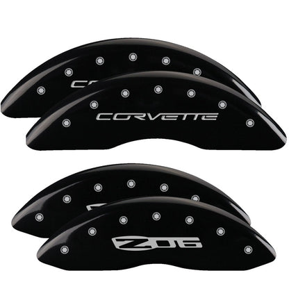 MGP 4 Caliper Covers Engraved Front C6/Corvette Engraved Rear C6/Z06 Black finish silver ch 13083SCZ6BK 13083SCZ6BK Photo - Primary