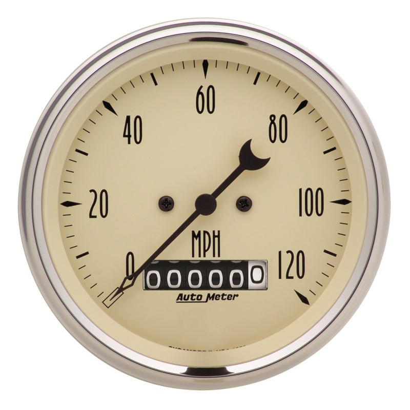 Autometer Gauge,Speedo.,3 3/8",120mph,Elec. Prog. w/ Wheel Odo,Antq Beige 1879 Photo - Primary