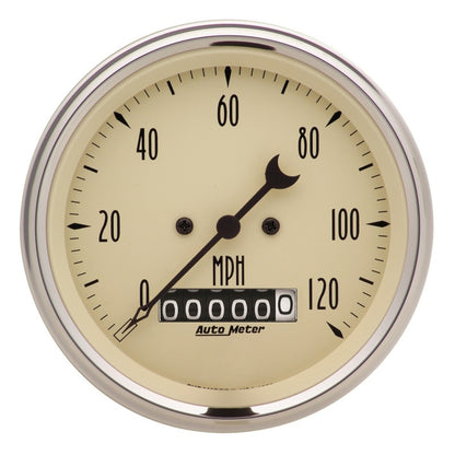 Autometer Gauge,Speedo.,3 3/8",120mph,Elec. Prog. w/ Wheel Odo,Antq Beige 1879 Photo - Primary