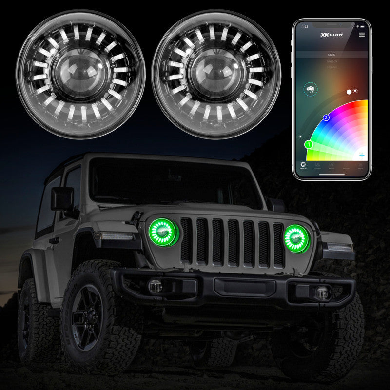 XKGLOW XK Glow 2pc 7in App Control RGB Wrangler JL Headlight Kit w/ Mounting Brackets XK-7IN-JP-KIT-JL