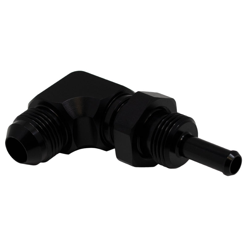 DeatschWerks 8AN Male Flare to 5/16in Male Barb Bulkhead Adapter 90-Degree - Anodized Matte Black 6-02-0713-B 6-02-0713-B Photo - Primary