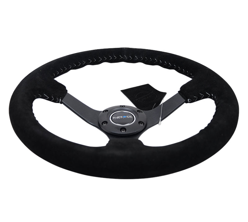 NRG Reinforced Steering Wheel (350mm / 3in. Deep) Blk Suede/Silver BBall Stitch w/5mm Mt. Blk Spokes RST-036MB-S-SL RST-036MB-S-SL Photo - Primary