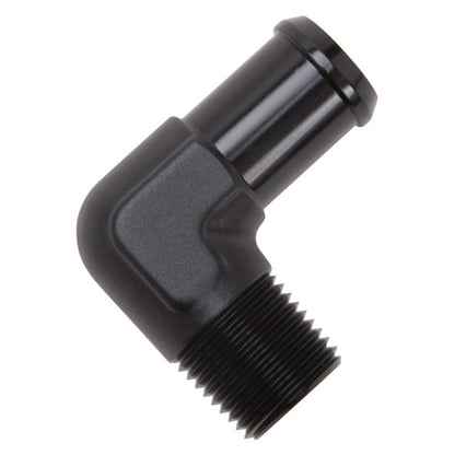 Edelbrock Hose End, 90-Degree, 1/2" NPT TO 3/4" Barb, Black Anodize 8165 Photo - Unmounted