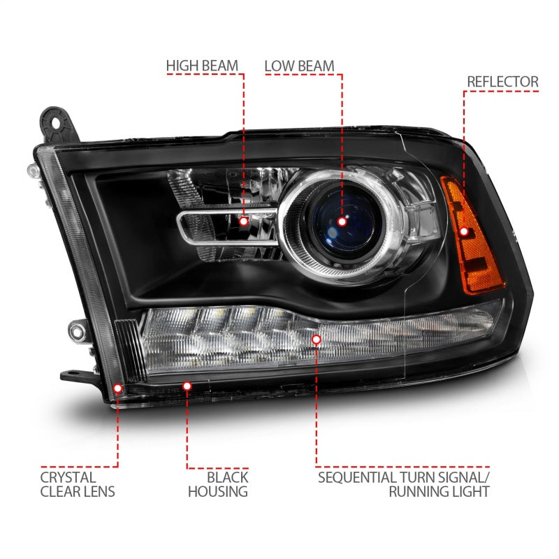 ANZO 09-18 Dodge Ram 1500/2500/3500 LED Plank Style Headlights Switchback + Sequential - Matte Black 111609 111609 Photo - Unmounted
