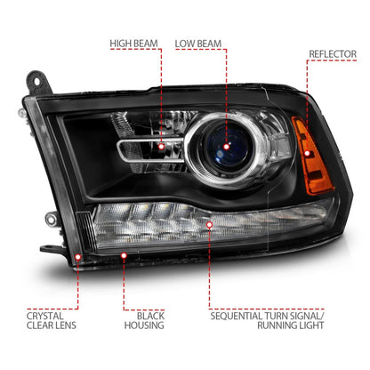 ANZO 09-18 Dodge Ram 1500/2500/3500 LED Plank Style Headlights Switchback + Sequential - Matte Black 111609 111609 Photo - Unmounted