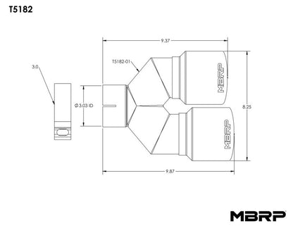 MBRP 3in ID / Dual 4in OD Out Staggered L 9.87in / R 9.37in Single Wall T304 SS Univ Exhaust Tip T5182 T5182 Line Art