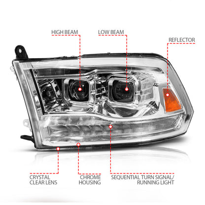 ANZO 09-19 Dodge RAM 1500 / 10-18 2500/3500 LED Proj Headlights SeqSig Chrome - Pair 111627A 111627A User 1
