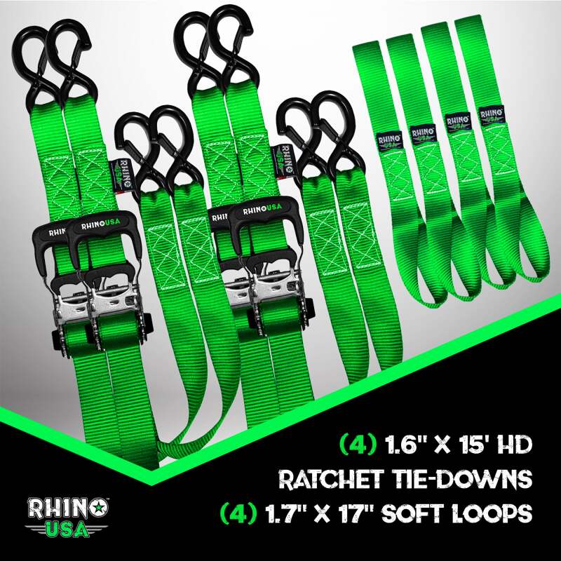 Rhino USA Heavy Duty Ratchet Tie-Down 4-Pack Green 1.6In X 15Ft TD-GC1.6X15-GRN TD-GC1.6X15-GRN User 1