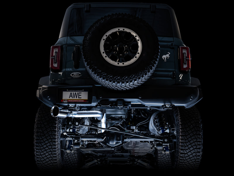 AWE Tuning 2021+ Ford Bronco 0FG Single Rear Exit Exhaust w/Chrome Silver Tip & Bash Guard 3015-22789 3015-22789 Photo - Mounted