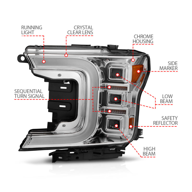 Anzo 18-20 Ford F-150 Full Led Projector Light Bar Style Headlights - Chrome Amber 111521 111521 Photo - Unmounted