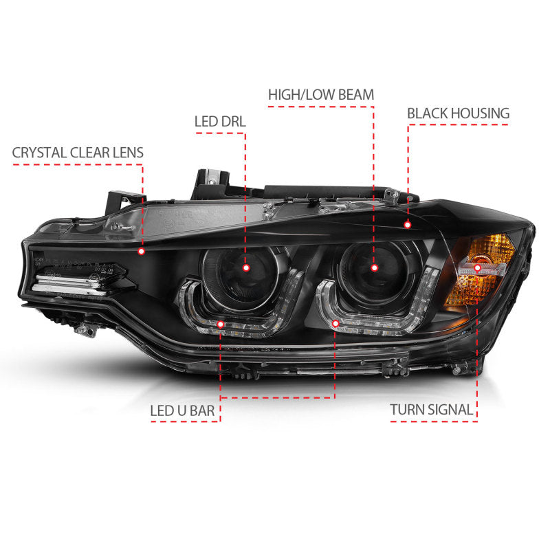 Anzo 2012-2015 BMW 3 Series Projector Headlights w/ U-Bar Black 121504 Photo - Unmounted