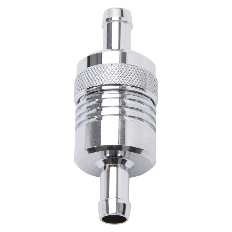 Edelbrock Fuel Filter, Aluminum, 3" X 01/ 1/8", 3/8" Inlet/Outlet, Chrome 8136 Photo - Primary