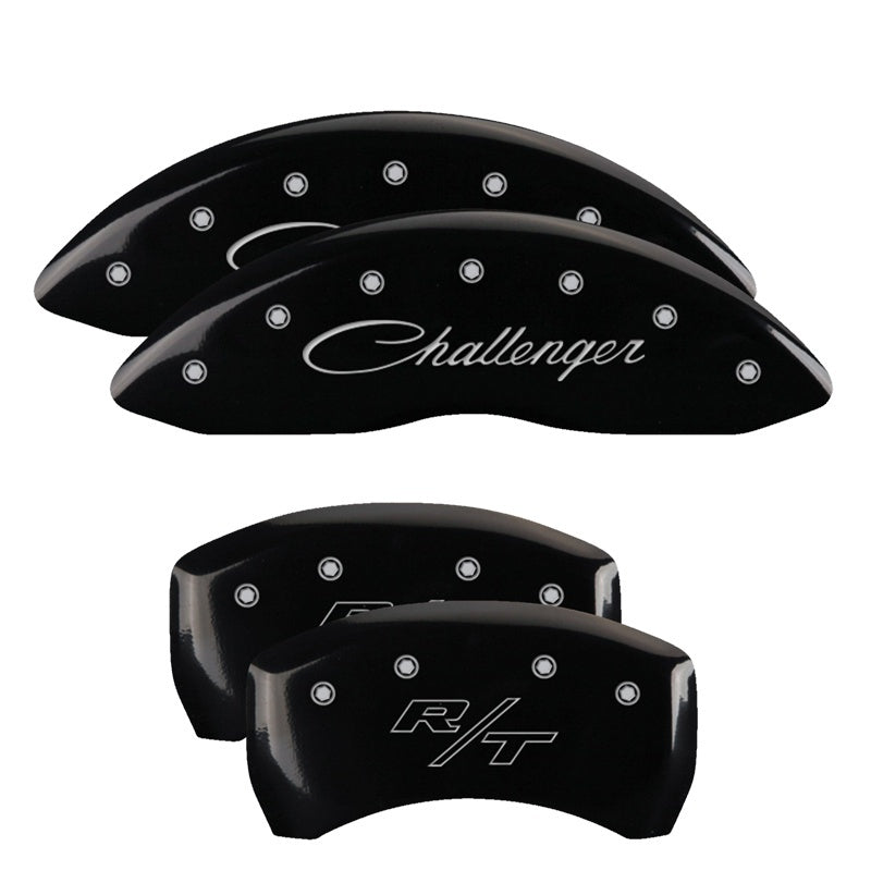 MGP 4 Caliper Covers Engraved Front Cursive/Challenger Engraved Rear RT Black finish silver ch 12001SCLRBK 12001SCLRBK Photo - Primary