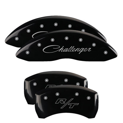 MGP 4 Caliper Covers Engraved Front Cursive/Challenger Engraved Rear RT Black finish silver ch 12001SCLRBK 12001SCLRBK Photo - Primary