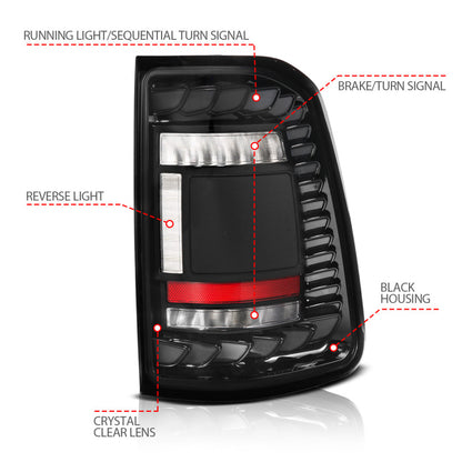 ANZO 19-24 RAM 1500 (Factory LED Models ONLY) Full LED Tail Lights SeqSig Black - Pair 311481A 311481A User 1