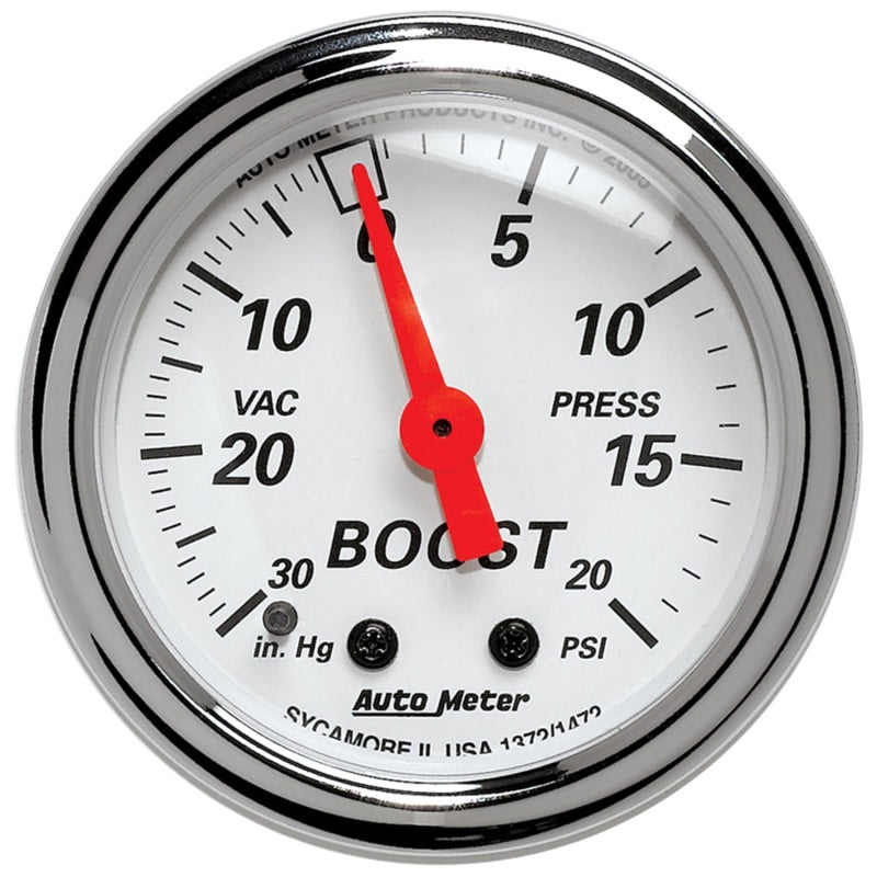Autometer Gaug, Vac/Boost, 2 1/16", 30INHG-20PSI, Mechanical, Arctic White 1372 Photo - Primary