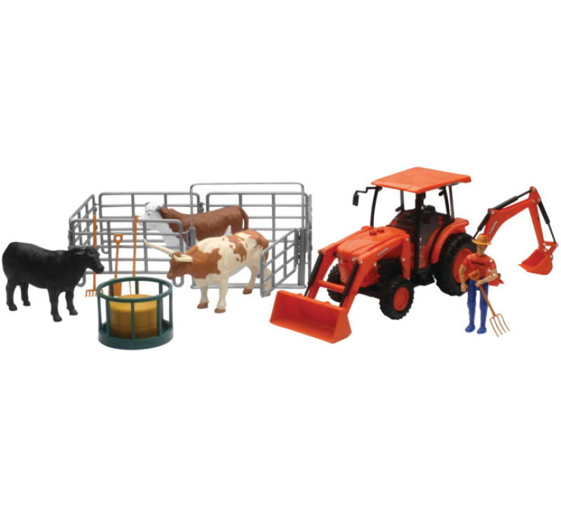 New Ray Toys Kubota Trctr Cow Set B/O 1:18 SS-33313