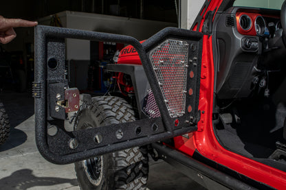 DV8 Offroad Jeep 18+ Wrangler JL / 20+ Gladiator JT Front Rock Doors w/ Perforated Aluminum Mesh RDJL-01F RDJL-01F Photo - Mounted