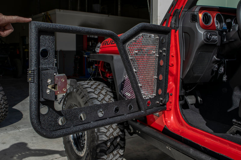 DV8 Offroad Jeep 18+ Wrangler JL / 20+ Gladiator JT Front Rock Doors w/ Perforated Aluminum Mesh RDJL-01F RDJL-01F Photo - Mounted