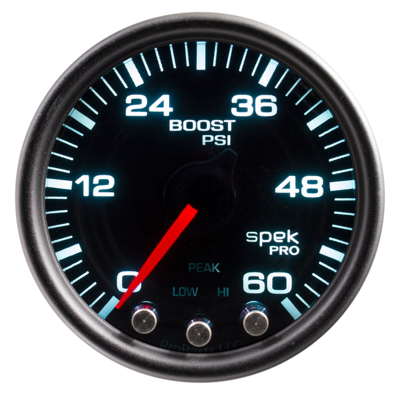 Autometer Spek-Pro Gauge Boost 2 1/16in 60psi Stepper Motor W/Peak & Warn Blk/Smoke/Black P30452 P30452 User 1