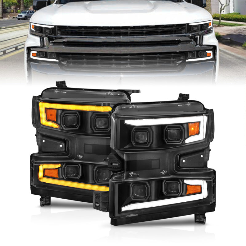 ANZO 19-22 Chevrolet Silverado 1500 LED Proj HL w/Lgt Bar SwBk Seq. Blk w/In. Light - Driver Side ON 111566-L 111566-L Photo - Primary