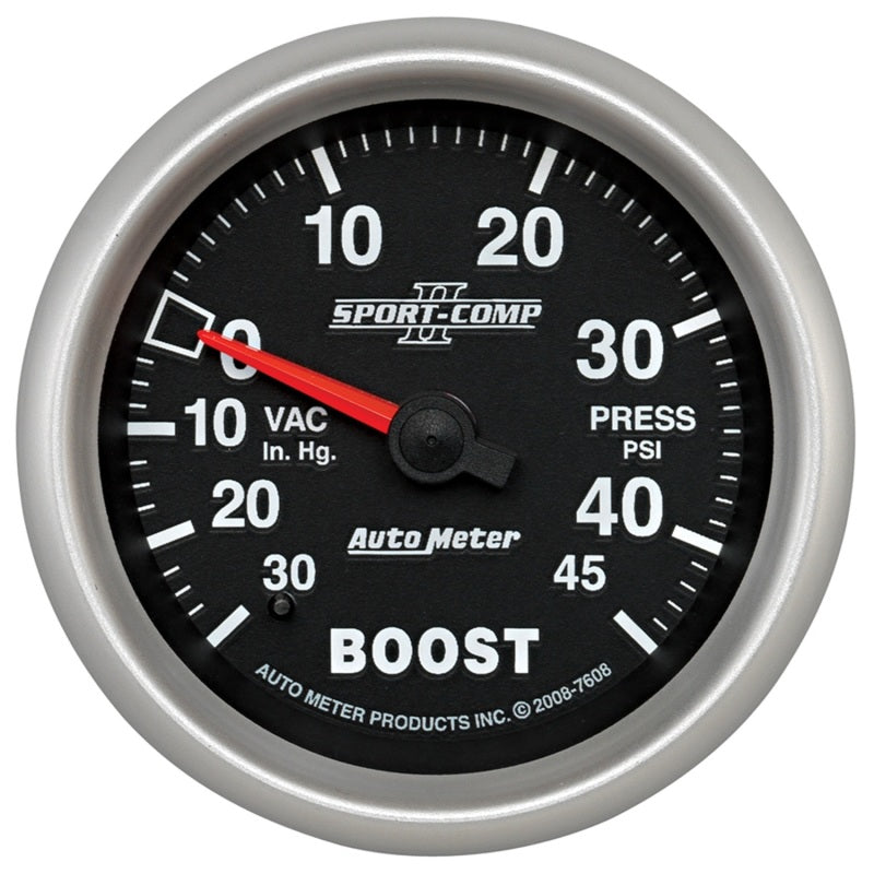 Autometer Gauge, Vac/Boost, 2 5/8", 30inHg-45Psi, Mechanical, Sport-Comp II 7608 Photo - Primary
