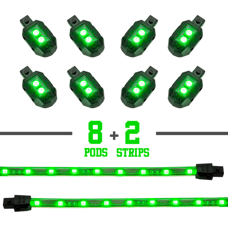 XKGLOW XK Glow Strips Single Color XKGLOW LED Accent Light Motorcycle Kit Green - 8xPod + 2x8In XK034001-G