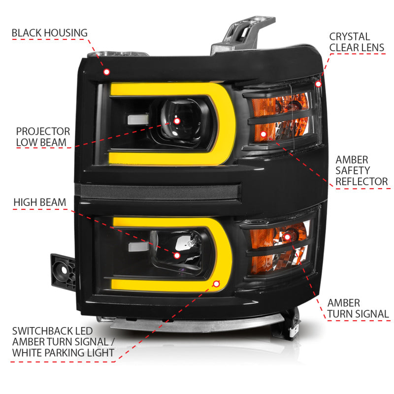 ANZO 14-15 Chevrolet Silverado 1500 Projector Headlights w/ Plank Style Switchback Black w/ Amber 111412 111412 Photo - out of package