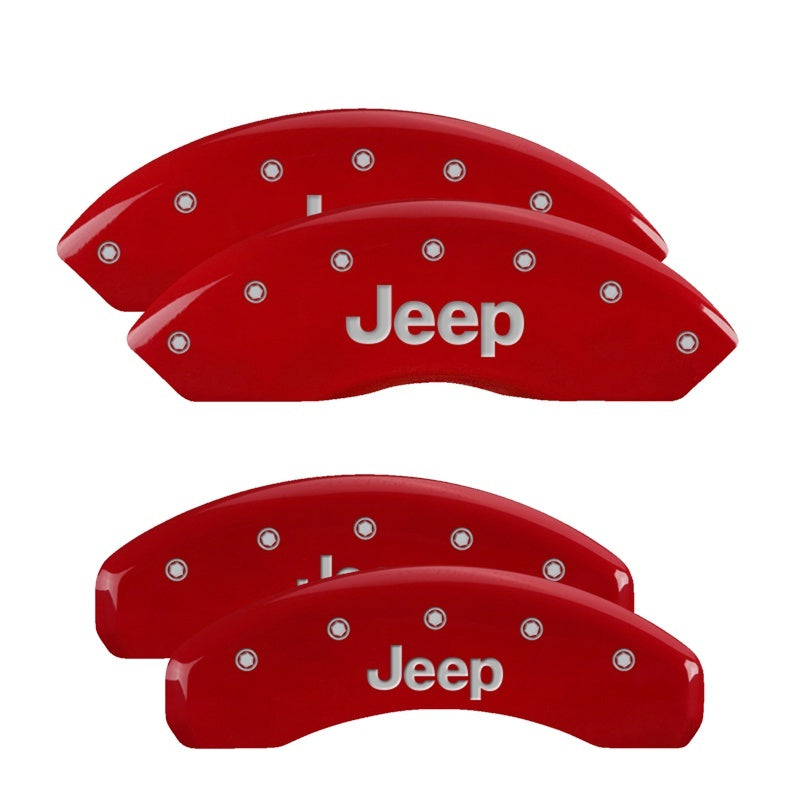 MGP 4 Caliper Covers Engraved Front & Rear Jeep Red Finish Silver Char 2018 Jeep Wrangler 42019SJEPRD 42019SJEPRD Photo - Primary