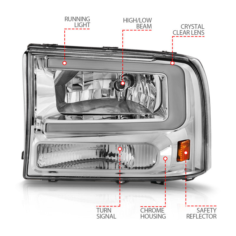 ANZO 99-04 Ford F250/F350/F450/Excursion (excl. 99) Crystal Headlights - w/ Light Bar Chrome Housing 111550 111550 Photo - Unmounted