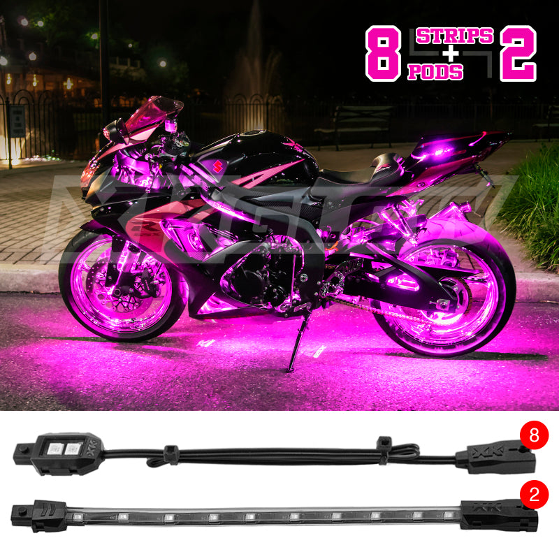 XKGLOW XK Glow Strips Single Color XKGLOW LED Accent Light Motorcycle Kit Pink - 8xPod + 2x8In XK034001-P