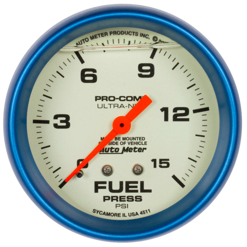 Autometer Ultra-Nite 2-5/8in 15psi Mechanical Glow In The Dark Fuel Pressure Gauge 4211 4211 Photo - Primary