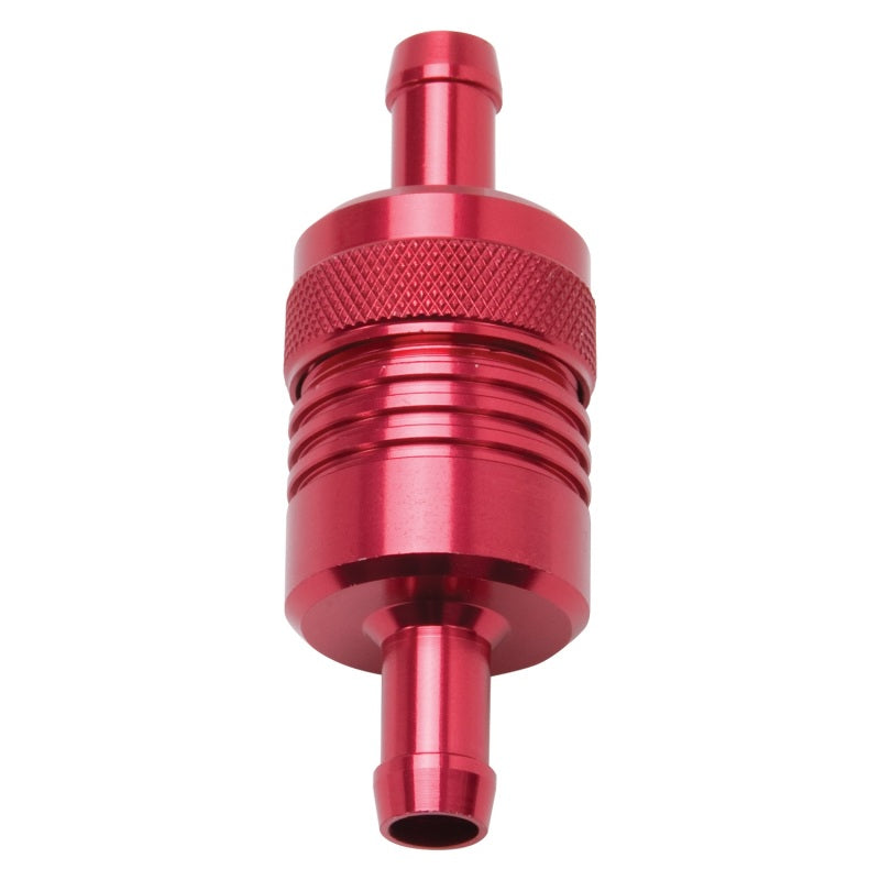 Edelbrock FUEL FILTER, ALUMINUM, 3" X 01/ 1/8", 3/8" INLET/OUTLET, RED 8139 Photo - Primary