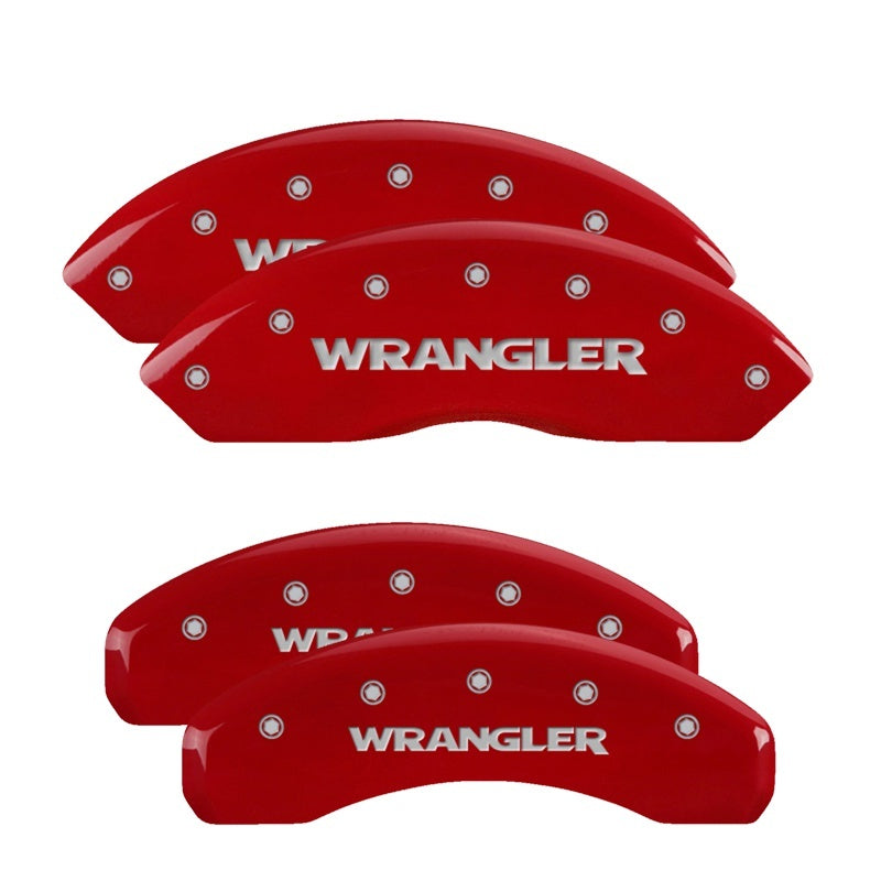 MGP 4 Caliper Covers Engraved Front & Rear 2018 Jeep Wrangler Red Finish Silver Wrangler Logo 42019SWRGRD 42019SWRGRD Photo - Primary