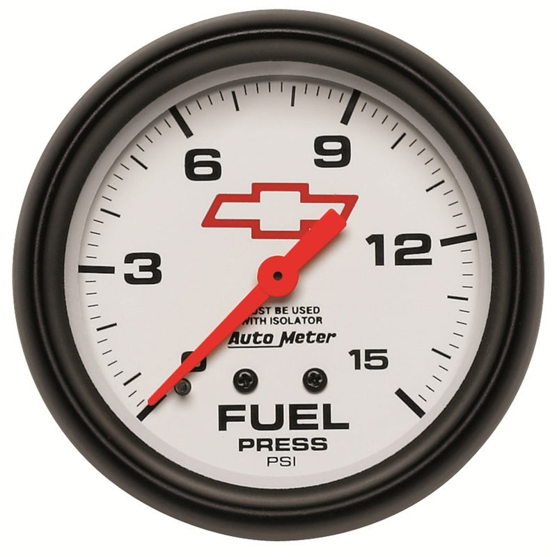 AutoMeter Gauge Fuel Press 2-5/8in. 15PSI Mech W/Isolator Chevy Red Bowtie White 5813-00406 5813-00406 Photo - Primary