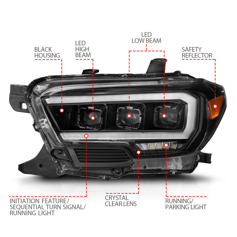 ANZO 16-22 Toyota Tacoma SR/SR5 ONLY Full LED Proj Headlights w/Light Bar Seq. Blk w/Initiation Lgt 111562 111562 Photo - Unmounted