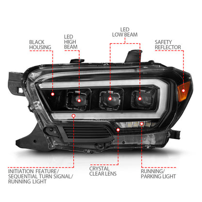 ANZO 16-22 Toyota Tacoma SR/SR5 ONLY Full LED Proj Headlights w/Light Bar Seq. Blk w/Initiation Lgt 111562 111562 Photo - Unmounted
