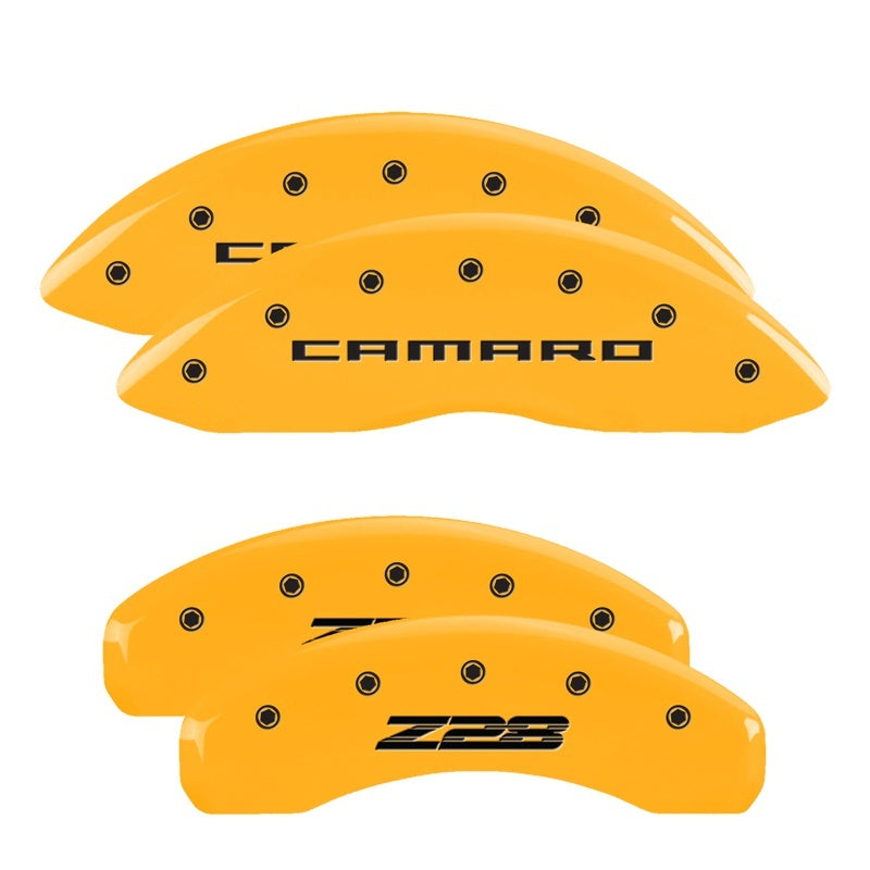 MGP 4 Caliper Covers Engraved Front Gen 5/Camaro Engraved Rear Gen 5/Z28 Yellow finish black ch 14036SZ85YL 14036SZ85YL Photo - Primary