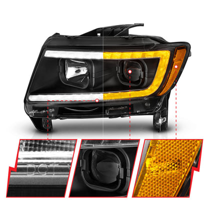 ANZO 11-13 Jeep Grand Cherokee (Factory Halogen Only) Projector Headlights w/Light Bar Swtchbk Black 111568 111568 Photo - Unmounted