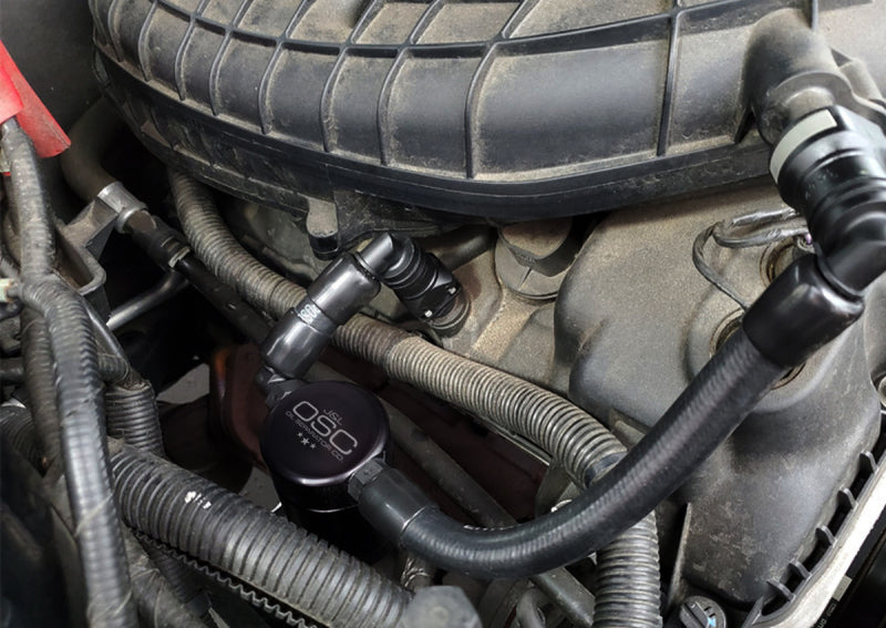 J&L 11-17 Ford Mustang V6 Passenger Side Oil Separator 3.0 V2 - Black Anodized 3050P-B 3050P-B Photo - Mounted